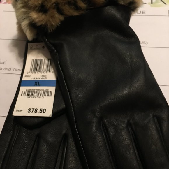 CHARTER CLUB Women Black Leather Glove with Animal Faux Fur Cuff XL - Picture 2 of 3
